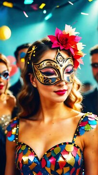 A beautiful girl in a carnival mask and large flowers in her hairstyle. Holiday. Vertical video.