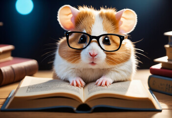 Cute cartoon hamster wearing glasses reading a book