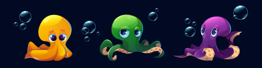 Fototapeta premium Octopus characters set isolated on black background. Vector cartoon illustration of purple, green, yellow underwater animals with tentacles and big eyes, bubbles in sea or ocean water, marine mascot
