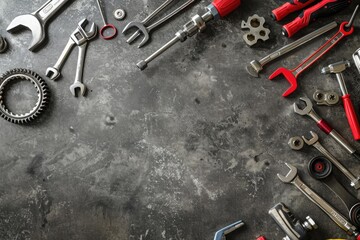 Fototapeta premium Set of tools and instruments on grey textured background with copy space