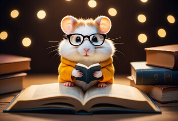 Cute cartoon hamster wearing glasses reading a book