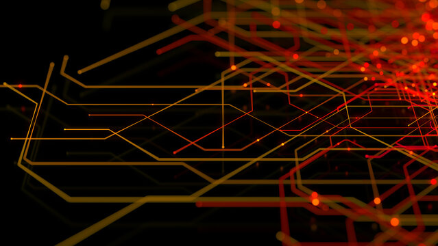 Futuristic Network Lines form a Technical Grid. Orange and Yellow Connectivity Concept.