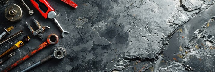 Set of tools and instruments on grey textured background with copy space