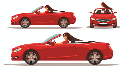 Long haired brunette woman driving red sedan car. Fem
