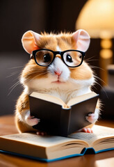 Cute cartoon hamster wearing glasses reading a book