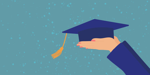 Female hand holding graduation cap on color background, copy space. Vector illustration