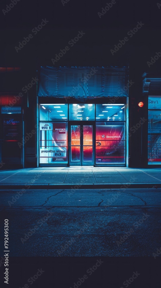 Poster Front view of the store from the outside with a banner on an empty storefront at night. Large Glass Automatic entrance doors of the shopping center with reflection showcase, lighting. Exterior.