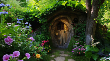 A secret fairy dwelling surrounded by blooming flowers, nestled under a canopy. AI Generative