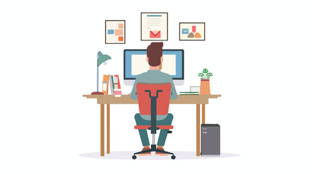 Male sit at desk with computer and watching pictures