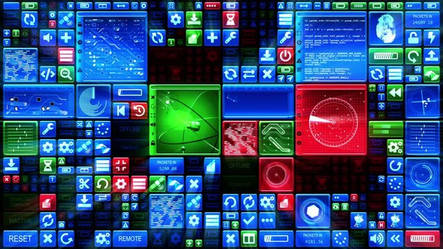Control panel loop. Abstract digital technology mosaic background. Display of changing windows, and UI elements. Computer screen or HUD. High tech, futuristic, techno user interface.