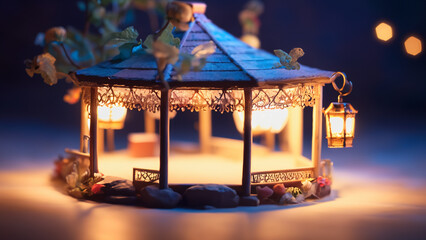 A miniature gazebo adorned with glowing lanterns, creating a magical atmosphere. AI Generative - obrazy, fototapety, plakaty