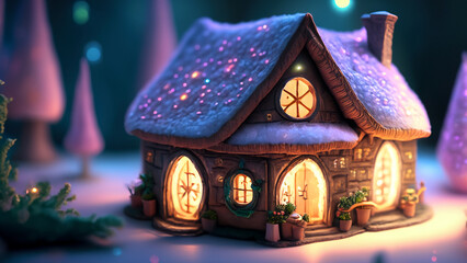 A miniature house illuminated by soft lanterns, creating a magical fairy world. AI Generative