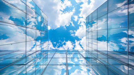 Like a mirror to the heavens, the glass panels of the business building perfectly reflect the endless expanse of the sky, creating a striking visual contrast against the urban landscape.