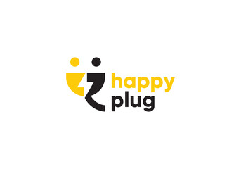happy people with plug logo. energy power socket. creative idea and innovation vector design.