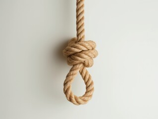 A thick jute rope tied in a knot against a clean, neutral backdrop, symbolizing concepts of strength, struggle, or problem-solving.