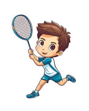 recommend clip art: A cheerful young boy cartoon character playing badminton, swinging his racket with enthusiasm and joy. Generative AI