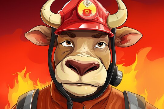 cartoon illustration, a firefighter bull