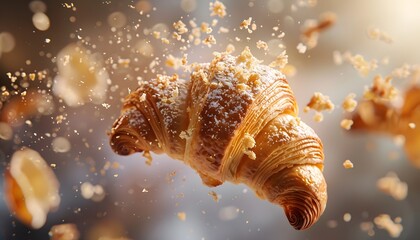  Fluffy Delight: Close-Up of Freshly Baked Croissant Floating in Mid-Air