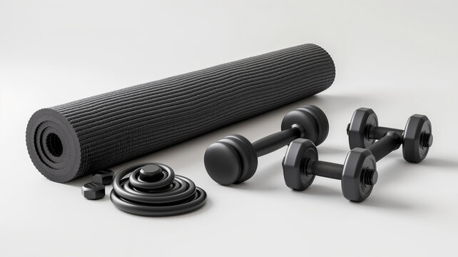 Fitness equipment with yoga mat, dumbbells, and resistance bands on a light background.
