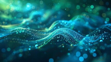 Fototapeta premium Teal and blue glowing data particles form into elegant waves against a dark background