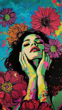 Animated illustration of a beautiful retro pop art woman on blue background with large flowers falling on her. She is overcome in a meditative state positive emotion mental health self awareness