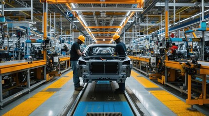 A man is seen works on a motor vehicle in a factory, focusing on the automotive tire, engine hood, and other auto parts. AIG41