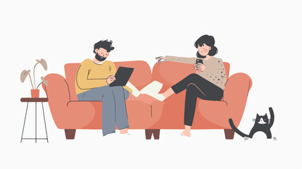 Man woman and cat sitting on the sofa with notebook