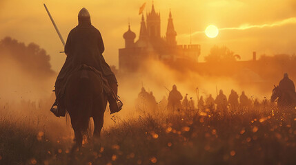 Dawn at medieval battlefield, first light on armored knights on horseback, clean background, text space
