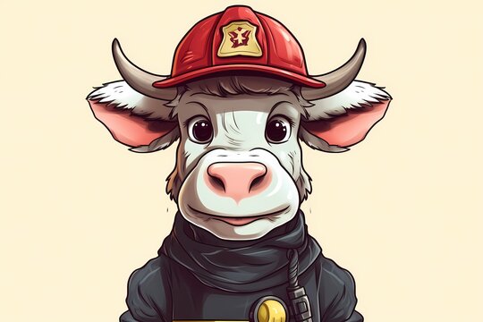 cartoon illustration, a firefighter cow