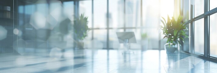 Modern office interior with glass walls, panoramic banner, blurred background