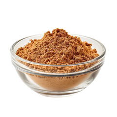 Extreme Front view of powdered Tamarind in a small glass bowl isolated on a white transparent background