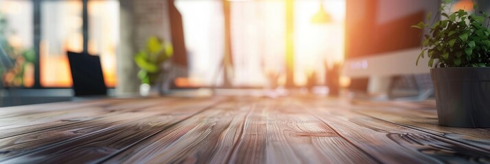 Modern office interior with glass walls, panoramic banner, blurred background