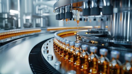 Medical Ampoule Production Line at Modern Modern Pharmaceutical Factory. Glass Ampoules are being...