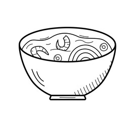 Soup with noodles, eggs, and shrimp in a bowl. Vector illustration of Asian cuisine, doodle icons for restaurant menus. - 792500741