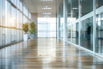 Obraz premium Modern office interior with glass walls, panoramic banner, blurred background