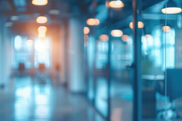Modern office interior with glass walls, panoramic banner, blurred background