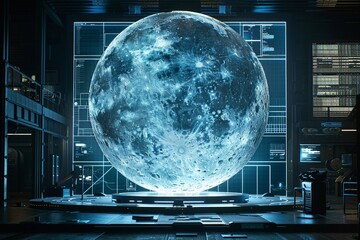 Hightech globe hologram on moon, futuristic lab setting, expansive text space, pristine - obrazy, fototapety, plakaty