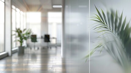 Modern office interior with glass walls, panoramic banner, blurred background