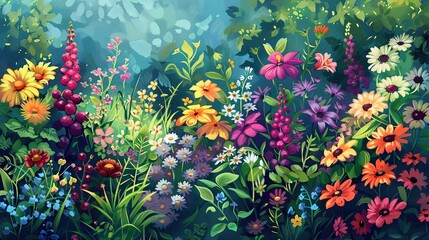 Obraz na płótnie Canvas This is a painting of a garden filled with many different types of flowers. Some of the flowers are yellow, 