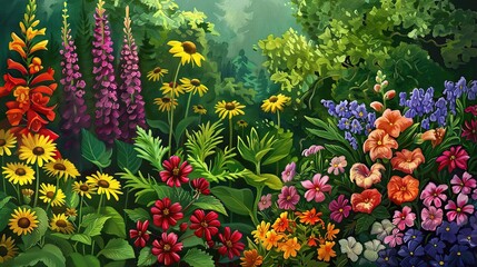 This is a painting of a garden filled with many different types of flowers. Some of the flowers are yellow, 