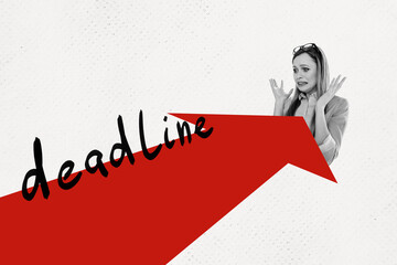 Composite photo collage of scared girl line deadline limit expire problem arrow point failure time...