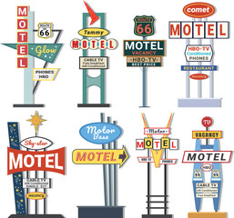 Classic American signboard retro stand street pointer advertising set isometric vector illustration