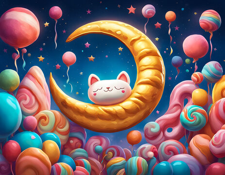 A crescent moon with a cute sleeping plush cat in the night sky