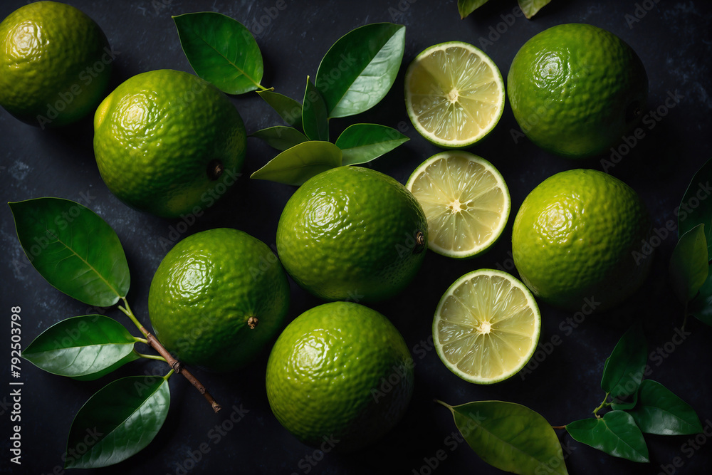 Wall mural lime top view macro ai generated. limes with leaves on dark background. lime above with leaves and s - Wall murals