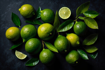 Lime background top view ai generated. Limes with leaves, branch and slices on dark background. Generative AI.
