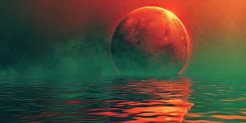 A large red sun is reflected in the water