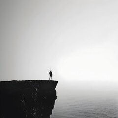 Silhouetted Figure Standing on the Edge of a Cliff,Isolated Against the Vast Expanse of the Horizon - obrazy, fototapety, plakaty
