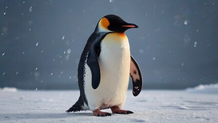 Fototapeta premium A herd of penguins is looking at the camera from a snow 4k Wallpaper