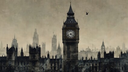 Fototapeta na wymiar Modern minimalist collage artwork of Big Ben and the London cityscape, featuring a double exposure design in a contemporary style Generative AI