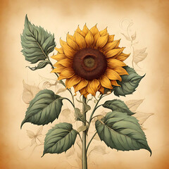 sun flower in parchment paper background
